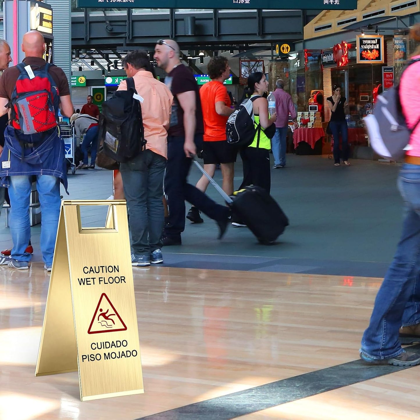 8 Pcs 24 Inch Stainless Steel Wet Floor Sign 8.8 Pound Caution Wet Floor Sign Bulk Double Sided Portable Foldable Bilingual Safety Warning for Kitchen Restaurant Restroom Avoid Fall(Gold)