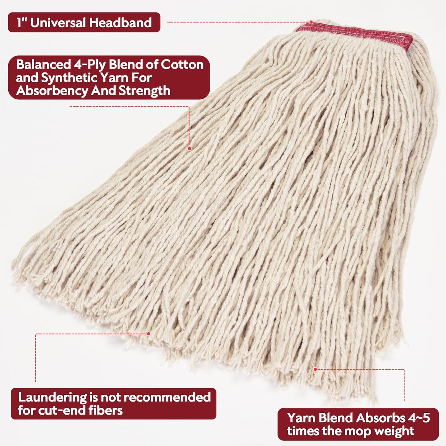 Matthew Cleaning 24oz 12Pack Cotton Mop Head Replacement,Looped-Open String Heavy Duty String Mop Refills,Universal Headband Blend,Floor Cleaning for Home, Industrial and Commercial Use(White)
