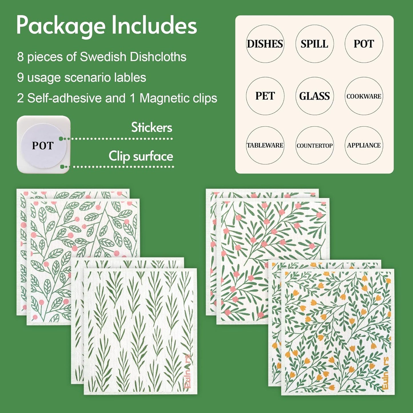 Swedish Dishcloths for Kitchen, 8 Pack Green Reusable Paper Towels with Clips, Non-Scratch Swedish Kitchen Towels, Super Absorbent Cellulose Sponge Cloths, Dishwasher Safe, No Odor