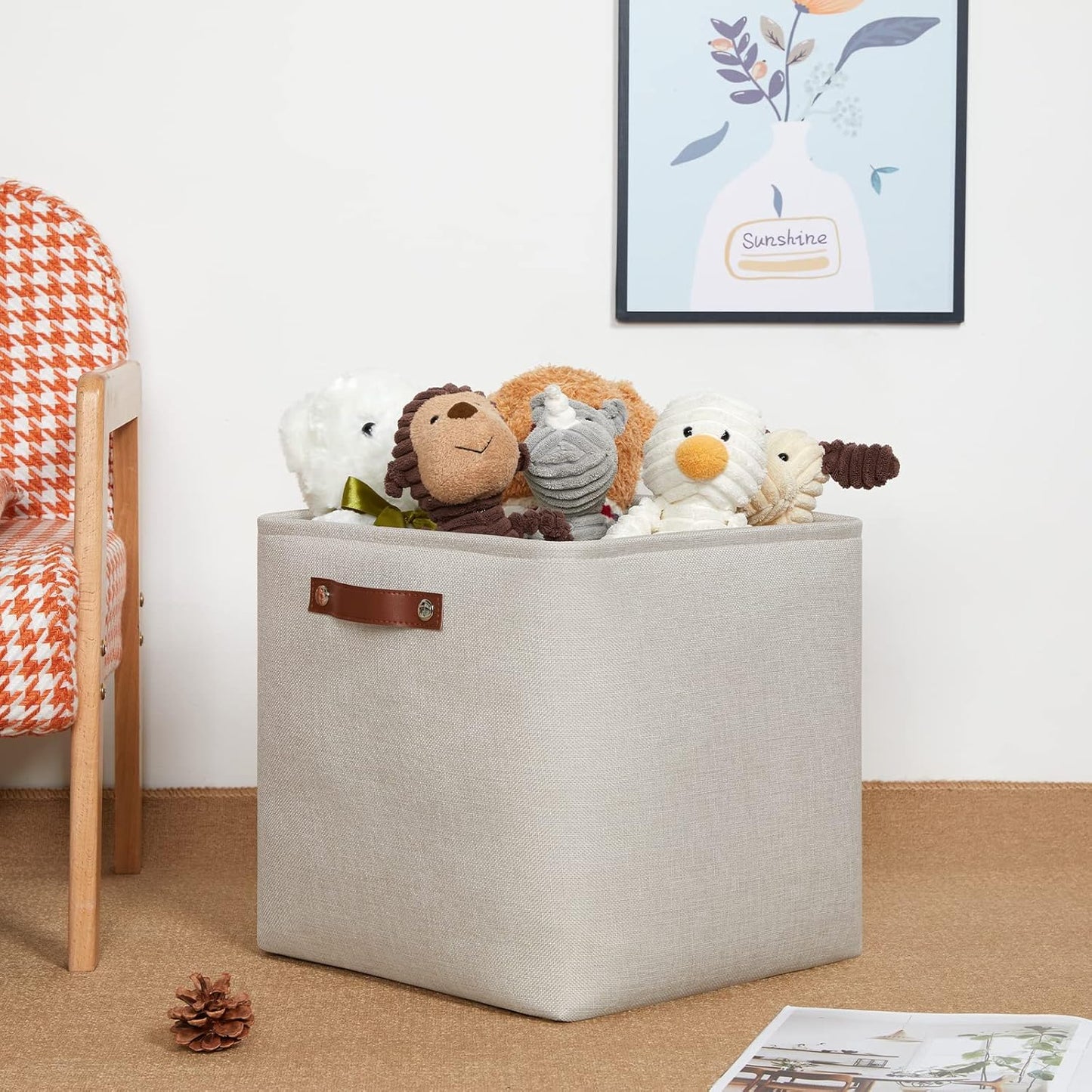 DULLEMELO Storage Bins, 4 Pack Of 13x13x13 Decorative Storage Cube Bins Suit Office, Home, Shelves And Closet, Cube Storage Bin with Leather handle(4 Pack - 13" Beige)