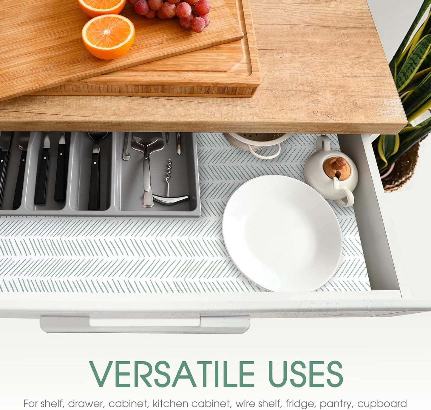 Glotoch Non Adhesive Shelf Liners for Kithchen Cabinets,Non Slip Waterproof Drawer Liners for Dresser, Liner, Fridge, Wire Shelving,Pantry,Heavy Duty, White and Green Herringbone 12X60 Inch