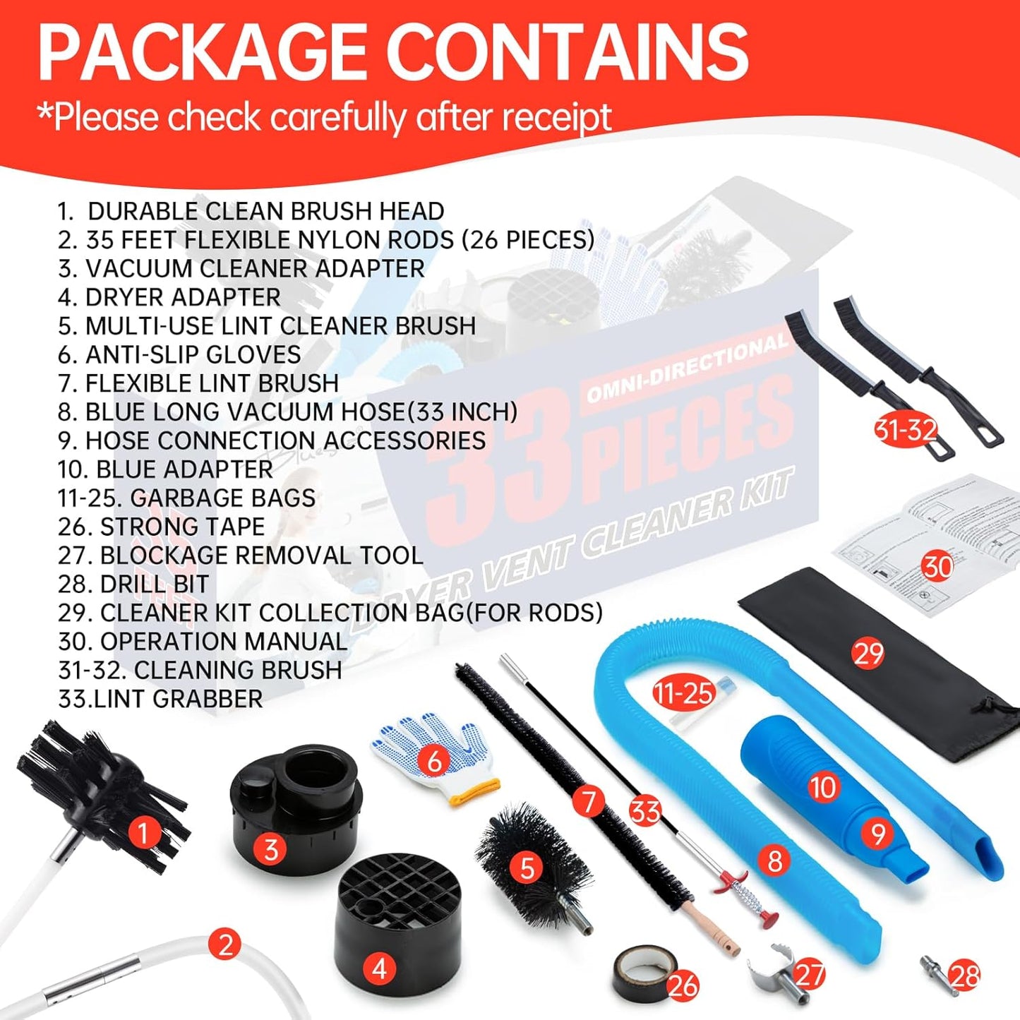 Dryer Vent Cleaner Kit, Bluesea 33-Piece Omnidirectional Dryer Cleaning Kit Include 35 Feet Dryer Vent Brush, Upgrade Noiseless Dryer Lint Vacuum Attachment, Lint Trap Brush, Vacuum & Dryer Adapters