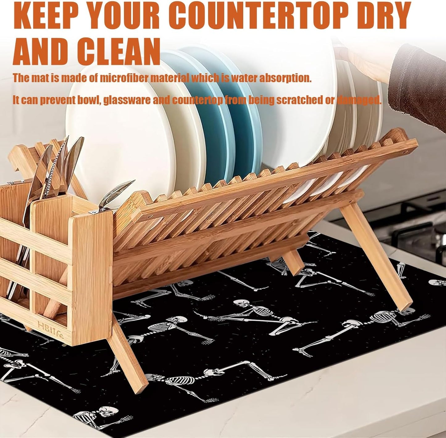 Funny Skull Yoga Dish Drying Mat for Kitchen Counter Microfiber Absorbent Dish Kitchen Drying Mat Draining Reusable Washable for Dishes/Utensils/Counterto