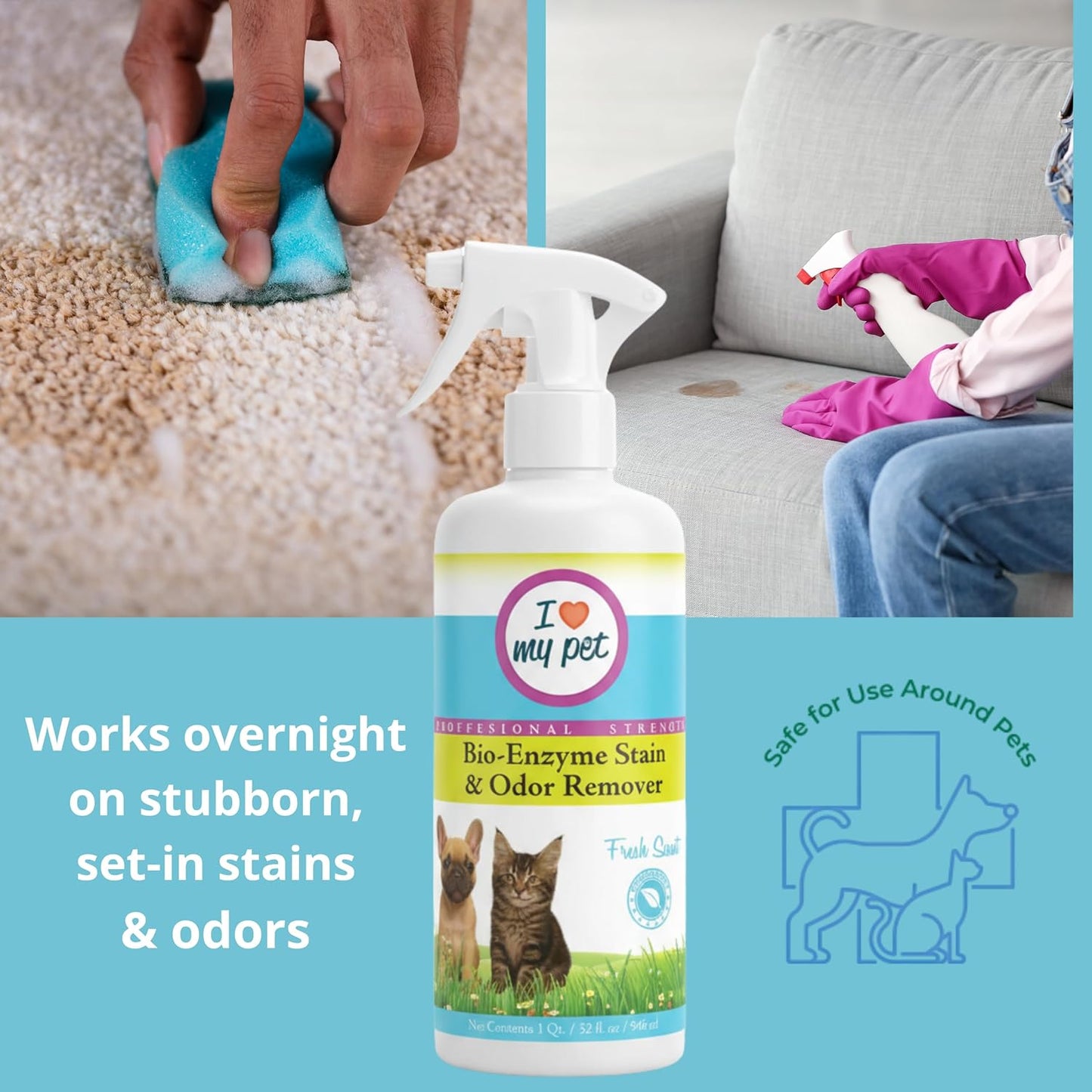 I Love My Pet Bio-Enzyme Stain and Odor Eliminator for Home, Enzyme Cleaner, Pet Carpet Cleaner Spray, Pee, Carpet Stain Remover Spray, 32 oz Fresh Scent