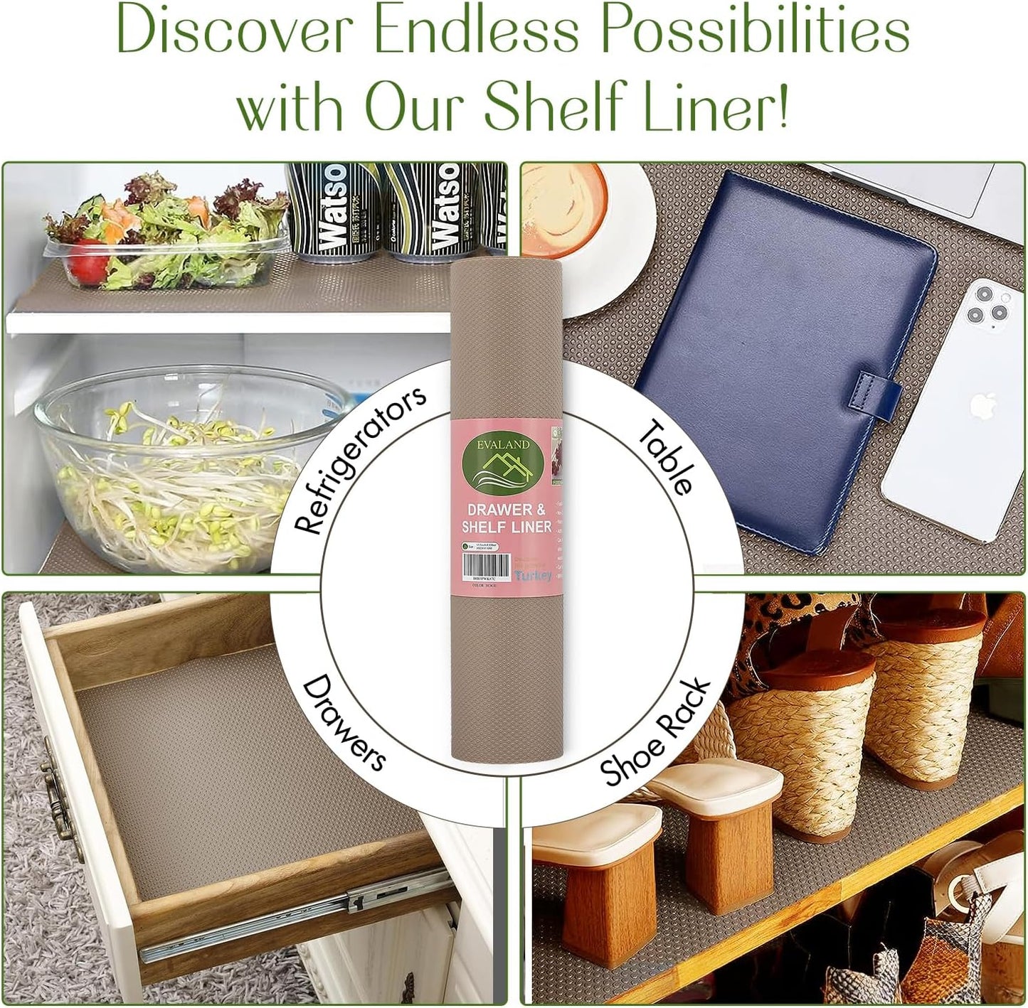 EVALAND 17.7" x 33 FT Non-Slip Shelf Liner, Non-Adhesive, BPA-Free, Waterproof Pantry Liner for Shelves, Easy to Cut, Oil-Proof Shelf Liners for Kitchen, Cabinets, Drawers, Refrigerator, Beige