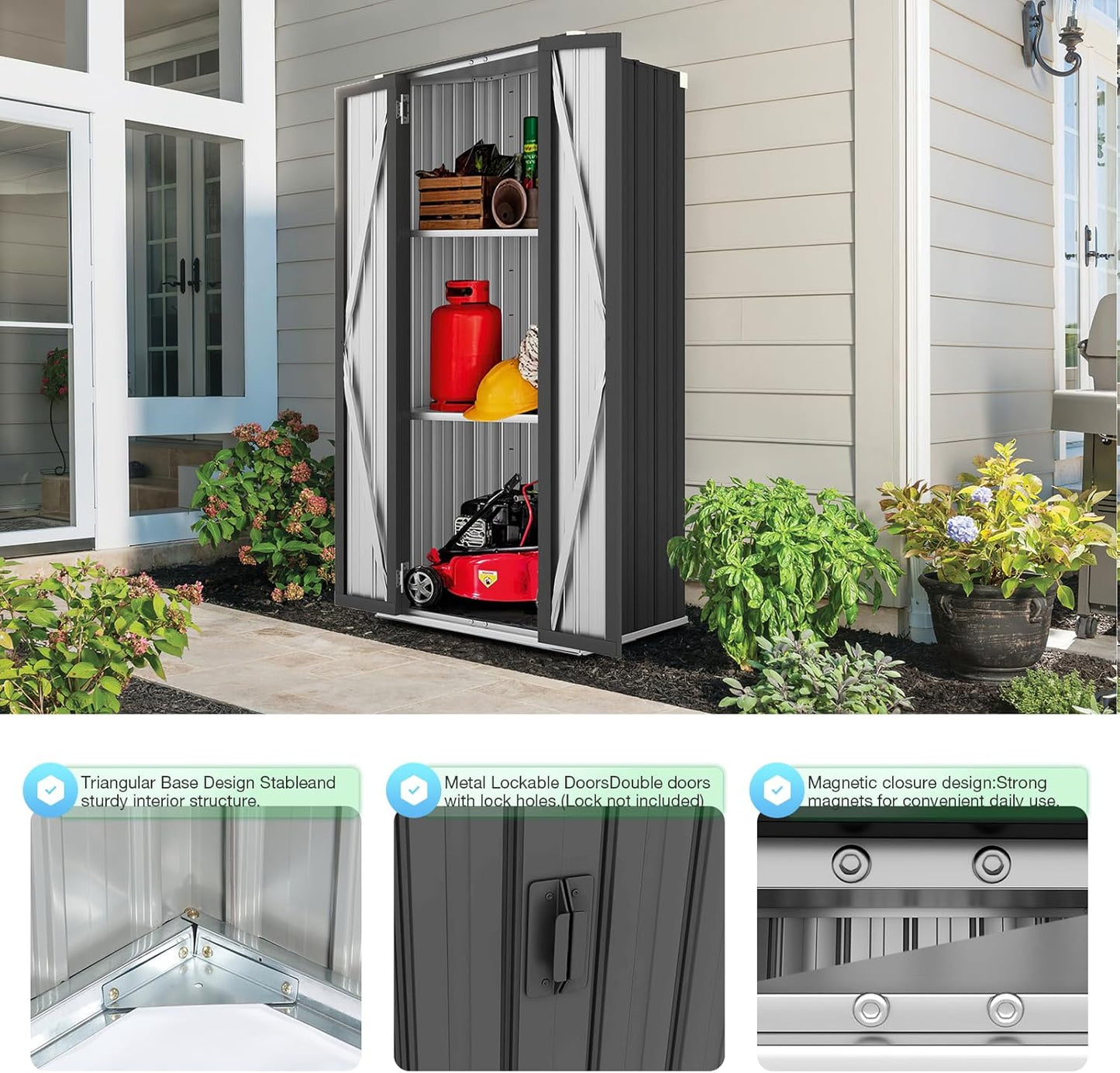 AECOJOY Outdoor Storage Cabinet, Outdoor Cabinets Waterproof with Shelves, Vertical Tall Garden Outdoor Cabinet, Sheds & Outdoor Storage Clearance Cabinet Weatherproof for Outside in Dark Grey