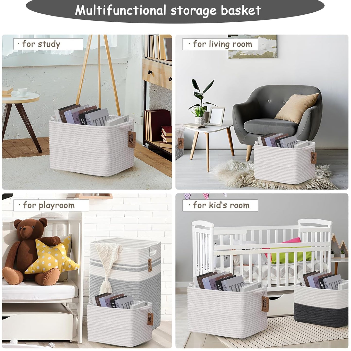 COMFY-HOMI 3PACK Cotton Rope Square Basket with Handles for Shelves|Dog Toy Basket Bin and Storage|Baby Basket for Gif|Shoe basket for Organizing|New13.5" x 11" x 9.5" for Living Room(All White)