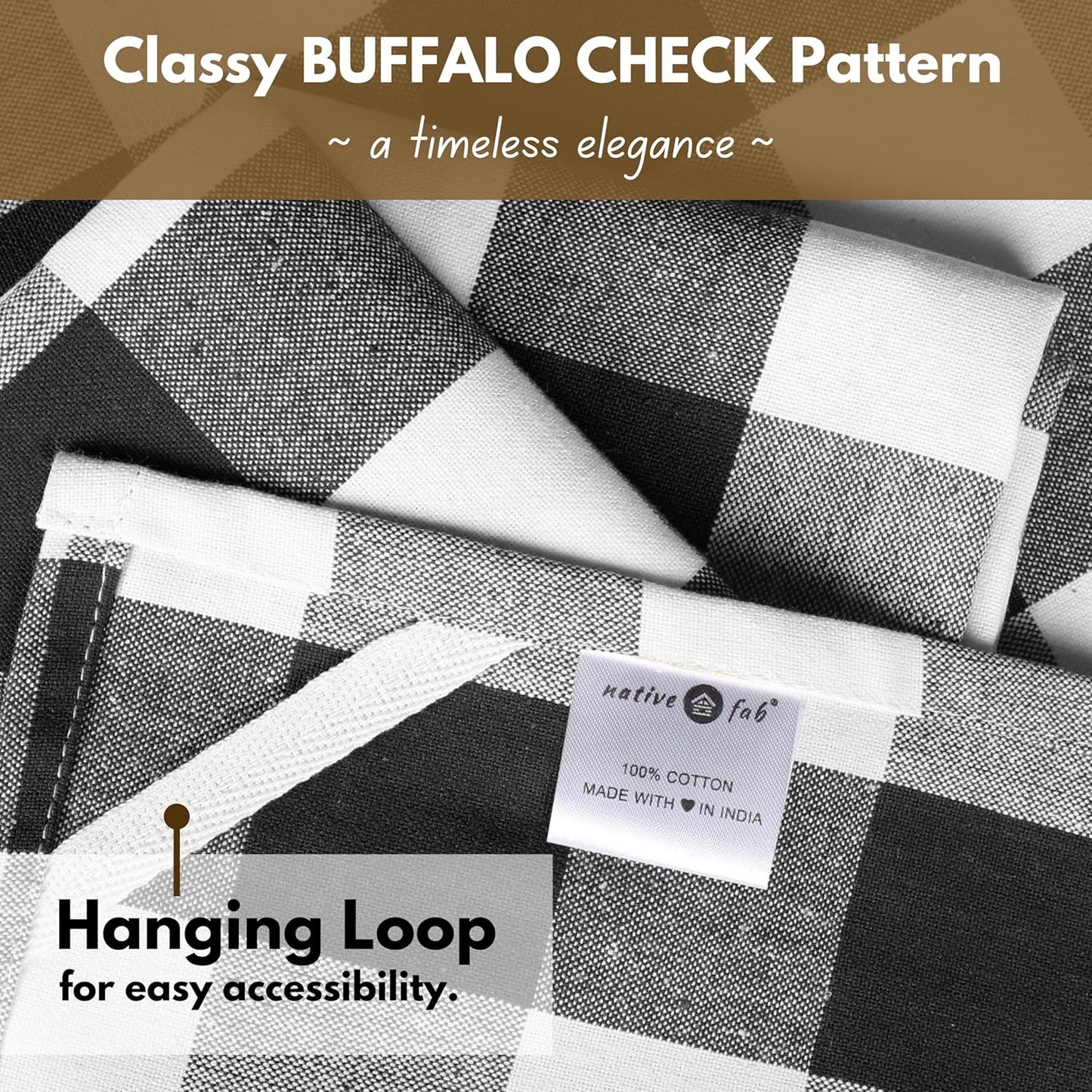 Native Fab 6-Pack Kitchen Towel with Hanging Loop 16x26 inches, Cotton Buffalo Check Kitchen Towels for Cleaning Drying, Washcloths Soft & Absorbent Cloth Rags, Bar Towel, Dish Cloth, Black