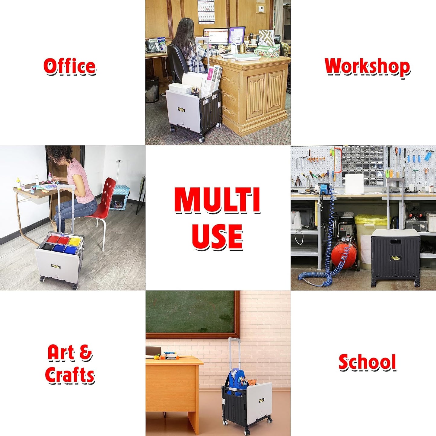 dbest products Quik Cart Swing Lid Four Swivel Wheeled Rolling Crate Teacher Utility with seat Heavy Duty Collapsible Basket with Dual Telescopic Wagon Handle