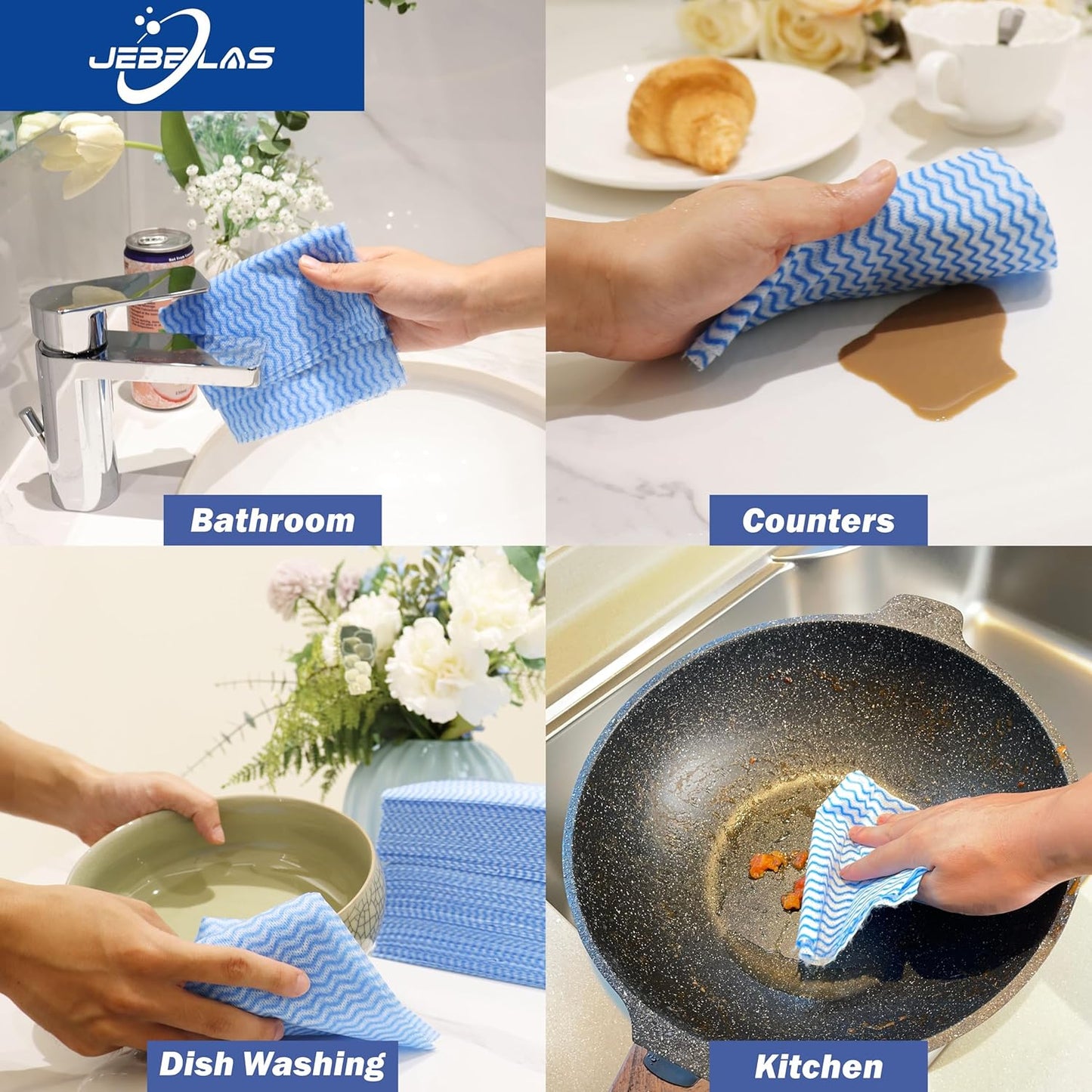 JEBBLAS 100Pcs Reusable Cleaning Cloths 11.8‘’x11.8‘’ Handi Wipes Reusable Cloths Dry Cleaning Cloths Dish Towel Dish Cloths Handy Cleaning Wipes, Blue