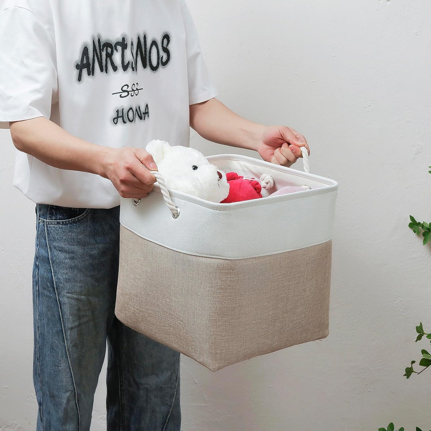 13 x 13 Inch Cube Storage Bins, 4 Pack Large Collapsible Fabric Storage Bin with Ropes, Foldable Storage Cubes for Home, Office,Closet, Clothes, Toys Organizer (White & Beige)