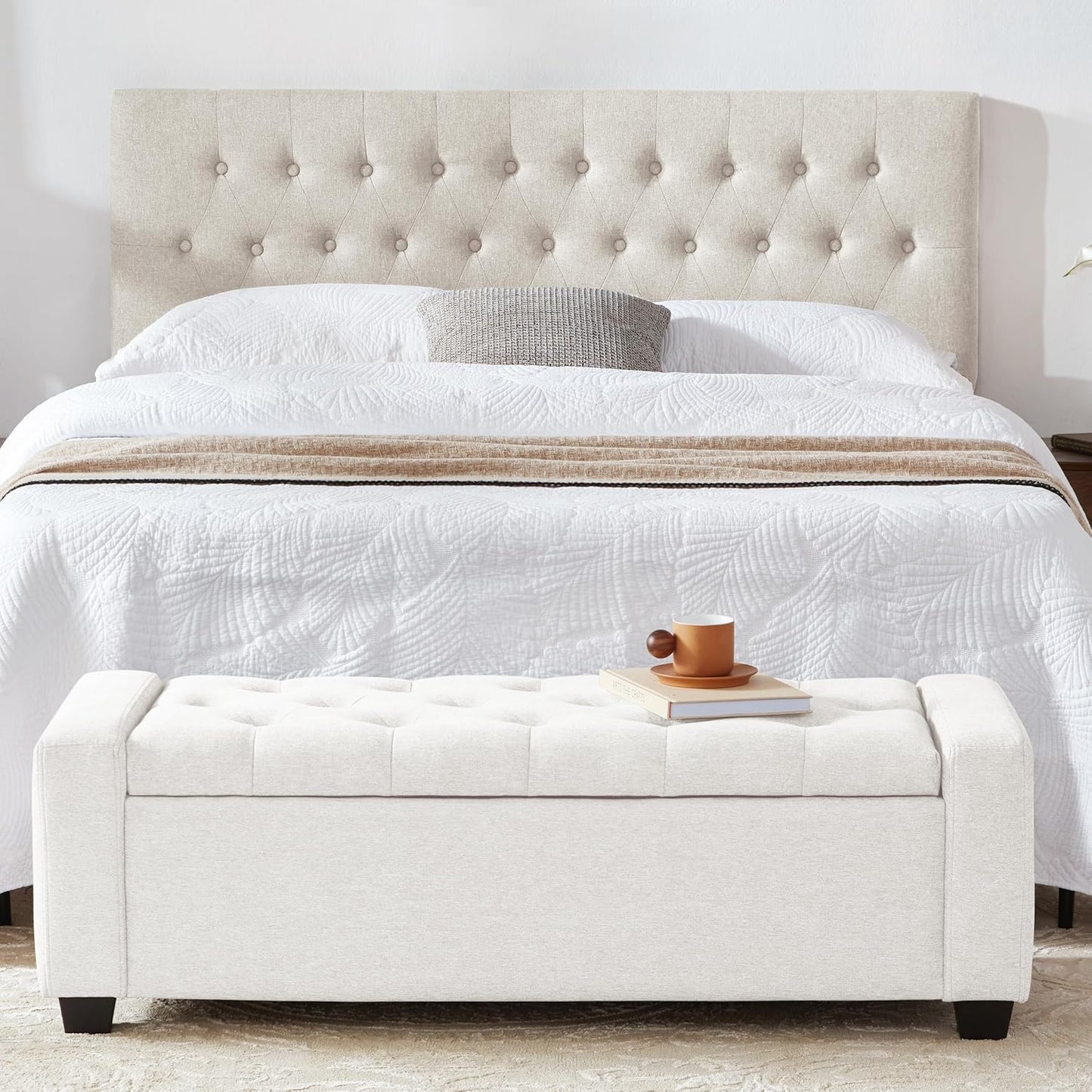 48" Ottoman with Storage, White Storage Ottoman Bench with Safety Hinge, Upholstered Entryway Bench with Seating for Bedroom, Living Room, Holds up to 330 lb