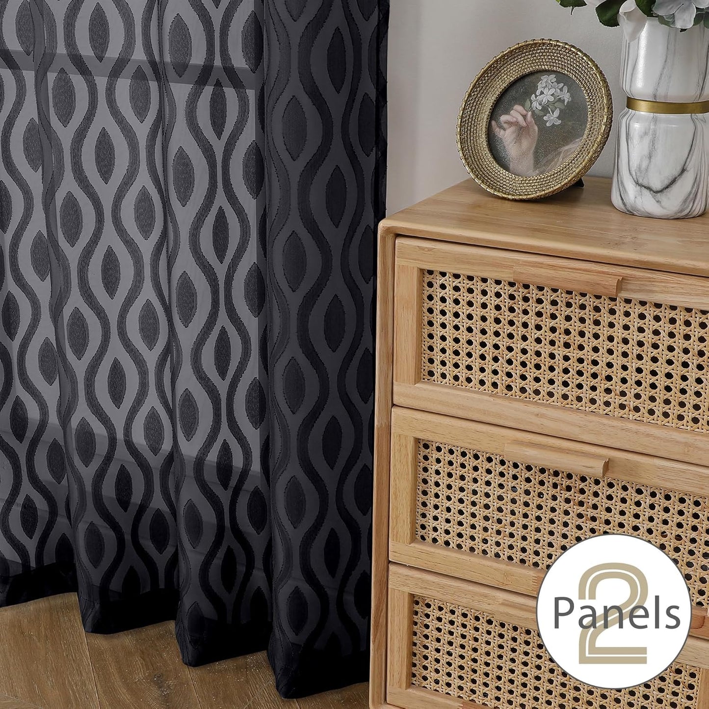 Aiyufeng Sheer Black Curtains 84 Inches Long 2 Panels, Solid Airy Light Filtering Clip Jacquard Window Treatments for Bedroom Living Room, Modern Wavy Line Rod Pocket Curtains, Total 80 inches Width