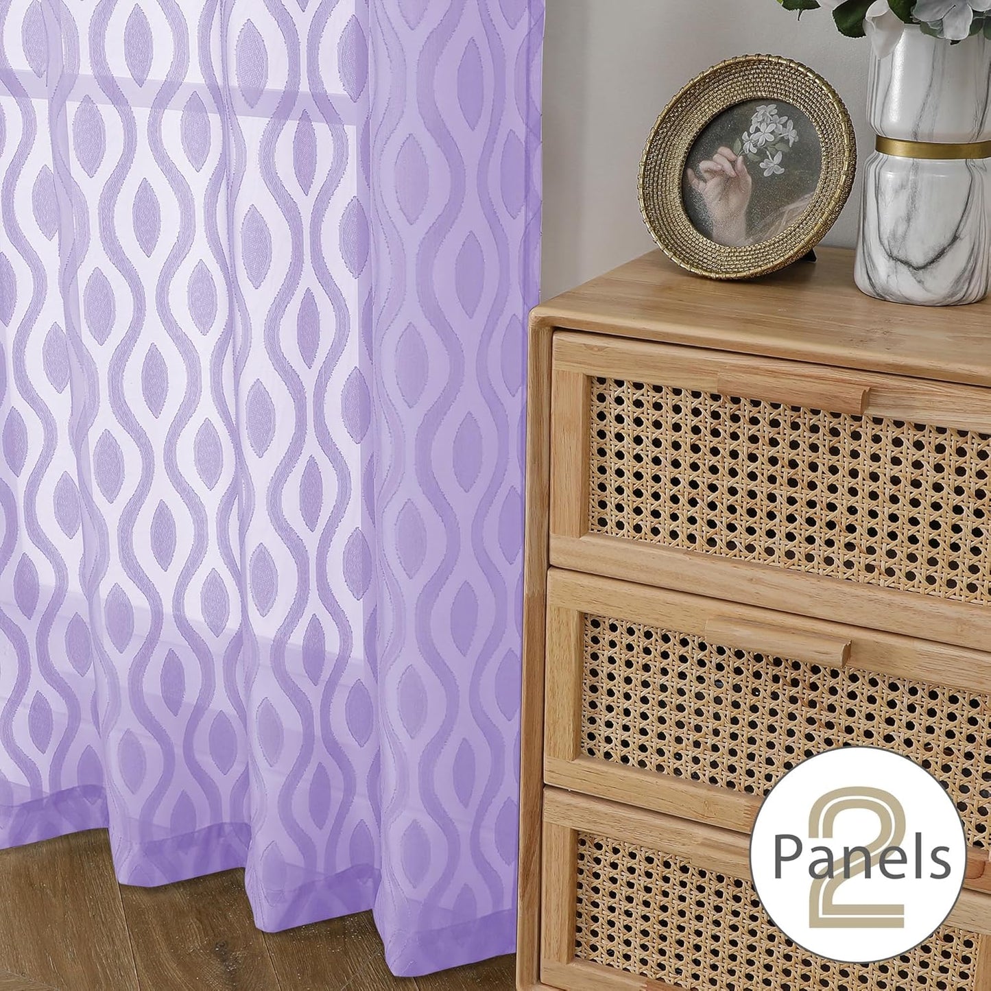 Aiyufeng Sheer Curtains 45 Inch Length 2 Panels, Farmhouse Soft Airy Lightweight Clip Jacquard Textured Curtains, Chic Wavy Line Window Curtains for Bedroom Living Room, Light Purple, 40Wx45L Inches