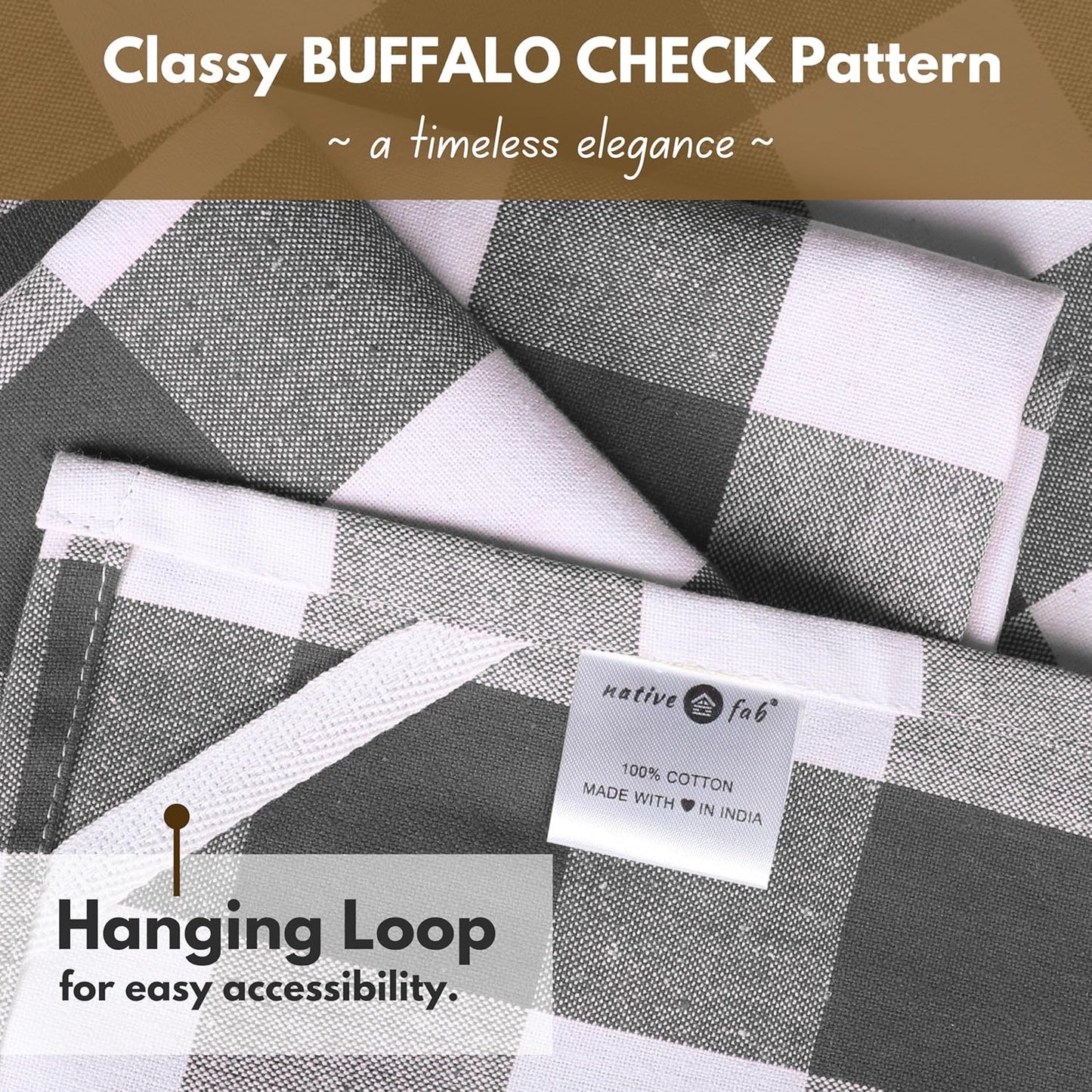 Native Fab 6-Pack Kitchen Towel with Hanging Loop 16x26 inches, Cotton Buffalo Check Kitchen Towels for Cleaning Drying, Washcloths Soft & Absorbent Cloth Rags, Bar Towel, Dish Cloth, Grey