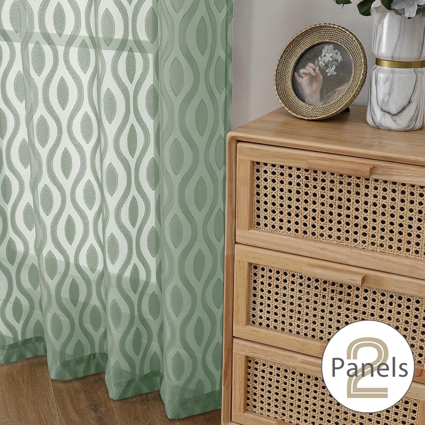 Aiyufeng Sheer Green Curtains 84 Inches Long 2 Panels, Modern Airy Light Filtering Wavy Line Clip Jacquard Window Treatments for Bedroom Living Room, Rod Pocket Curtain Drapes, Total 80 inches Width