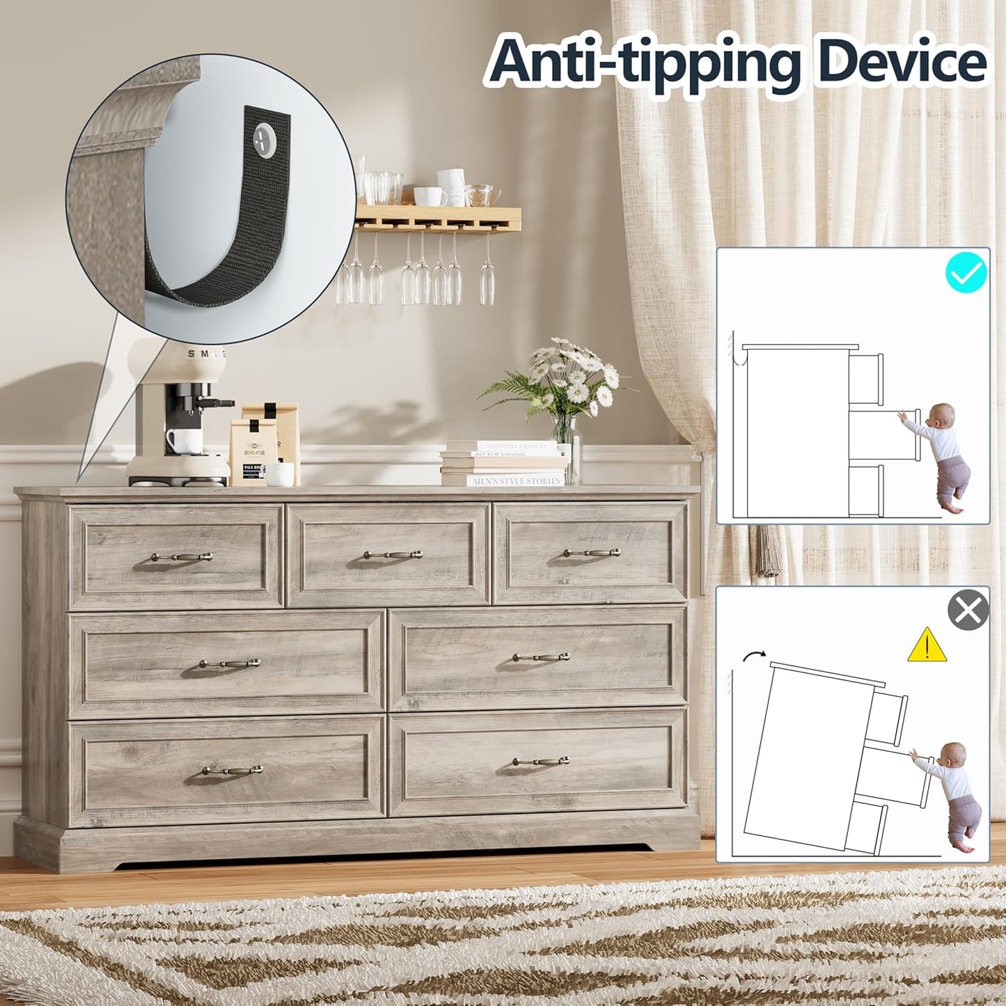 7 Drawer Dresser for Bedroom, 57" Wide Wooden Chest of Drawers, Rustic Farmhouse Dresser with Large Drawers & Metal Handles, Modern Storage Organizer for Closet, Living Room, Hallway, Grey