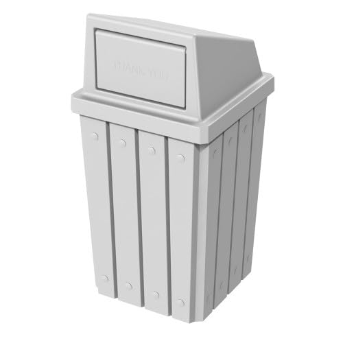 32 Gallon Square Slatted 100% Recycled Plastic Heavy-Duty Commercial Outdoor or Indoor Trash Can with Push Top Lid | Great for Schools and Businesses - White
