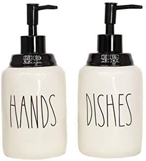 Modern Farmhouse Ceramic Dishes and Hands Soap Dispenser Set for Kitchen | Stainless Steel Pumps | 14oz, White Bottles | Kitchen Décor for Counter