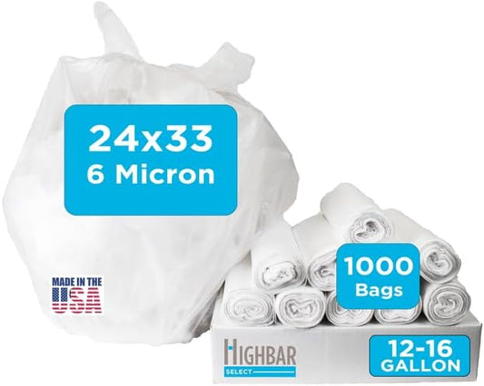 12-16 Gallon Trash Bags, Bulk Pack of 1000 High Density 6 Micron Clear Trash Bags, Lightweight Trash for Small Wastebaskets - 20 Rolls with 50 Per Roll