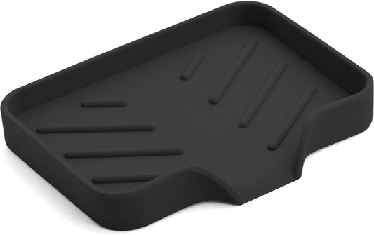 Sponge Holder with Drain Spout, Silicone Sponge Tray for Kitchen Sink, Rubber Soap Dish for Shower Bathroom (Black, 4.7" x 3.6")