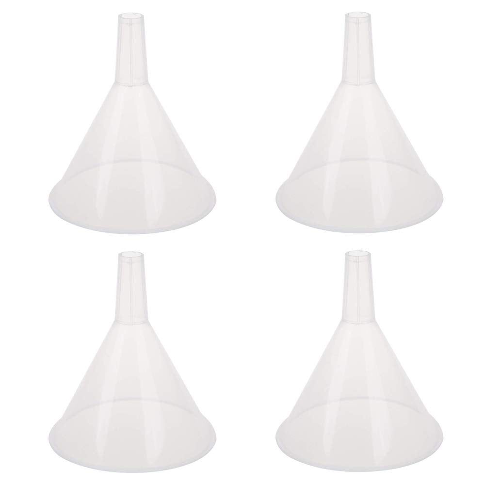 DEDC 4 Pack Clear Plastic Filter Funnel, Small Oil Funnels for Filling Bottles, Liquid Transfer Funnel for Kitchen, Laboratory, Garage, Car, 5.9 inch Dia Mouth