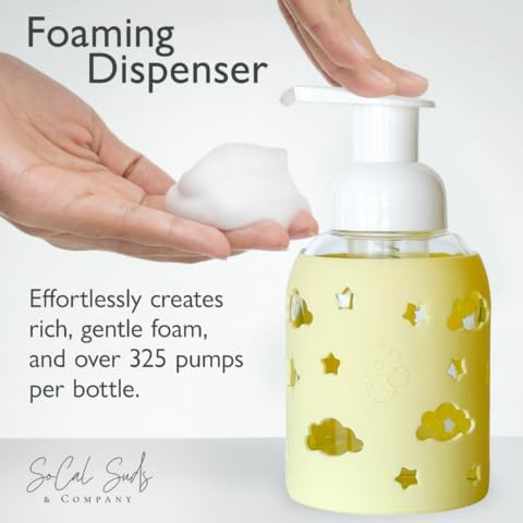 SoCal Suds & Company Glass Foaming Hand Soap Dispenser, Soft Grip Silicone Sleeve, Refillable Pump Bottle for Kids, Baby Wash & Shampoo, Ideal for Home Use, Light Yellow 8oz