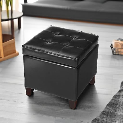 Adeco Storage Ottoman Foot Rest Stool, Leather Ottoman Footstool with Wood Legs and Hinged Lid, 18" Small Foot Stool Bench for Living Room, Bedroom, Black