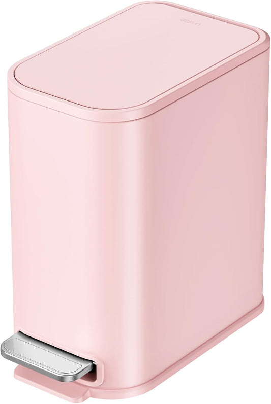 Cesun Small Bathroom Trash Can with Lid Soft Close, Step Pedal, 5 Liter / 1.3 Gallon Stainless Steel Garbage Can with Removable Inner Bucket, Waste Basket for Bathroom, Bedroom (Pink)