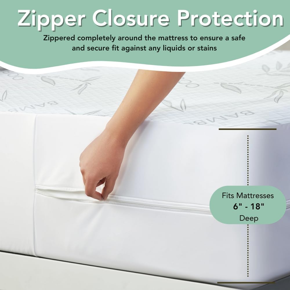 Bamboo Rayon Mattress Protector with Zipper +1 Pillow Protector - 100% Waterproof Cooling Twin XL Size Cover - Ultra Soft Fabric Breathable Noiseless Mattress Pad Covers Zippered Encasement