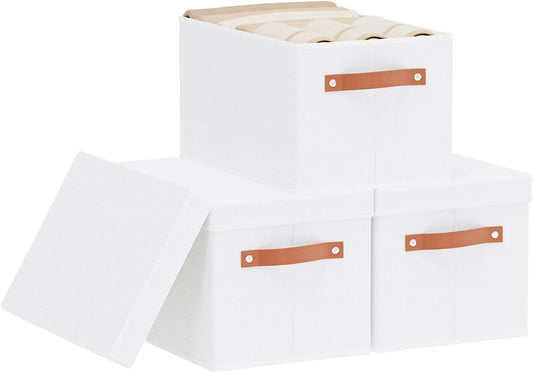 Fabric Storage Bins, Clothes Boxes for Shelves with Lids, Baskets for Organizing with Handles, Decorative Linen Closet Organizers, White, 3 Pack, 15 x 9.8 x 8.3 Inch