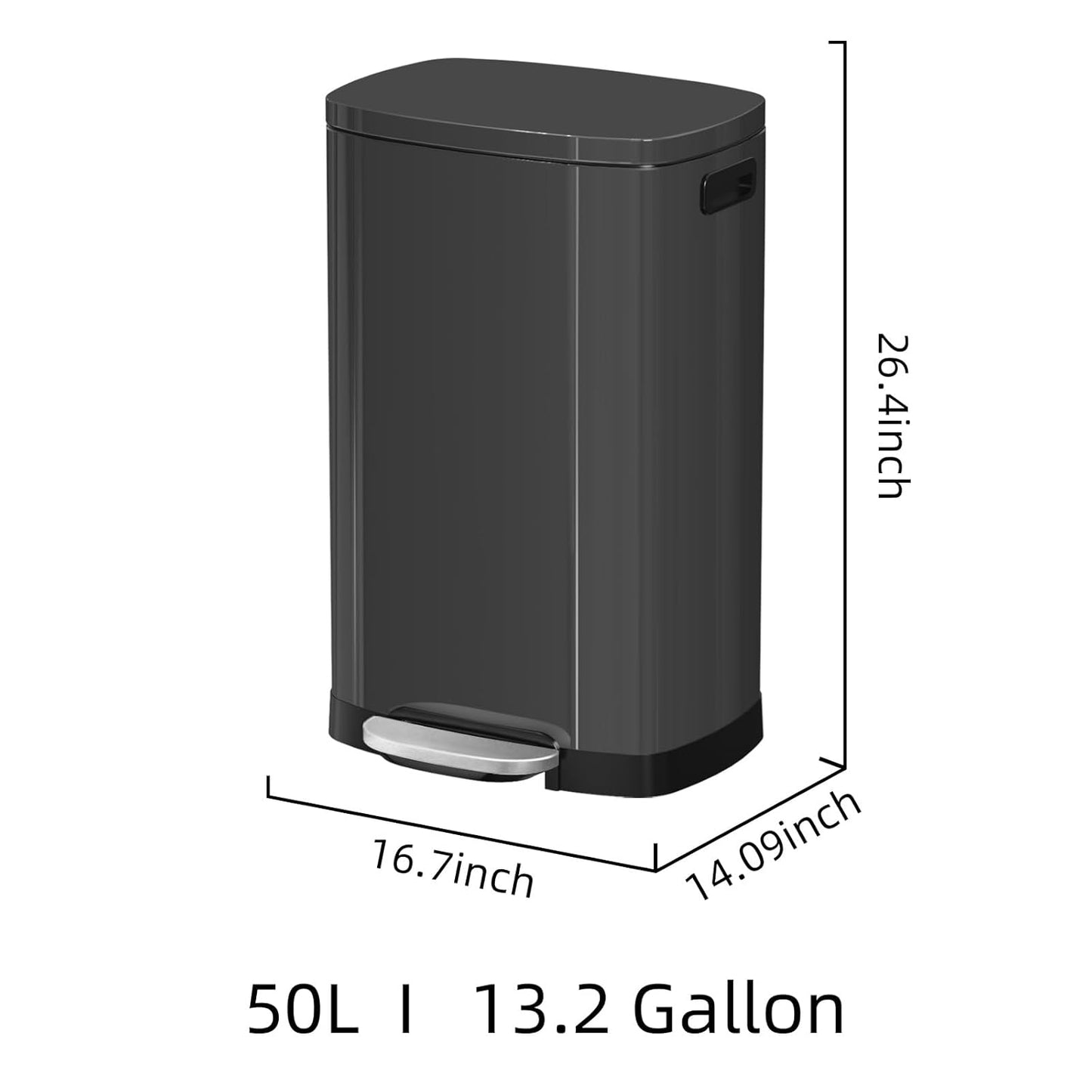 13 Gallon Trash Can with Lid, 50L Fingerprint Proof Stainless Steel Kitchen Trash Can with Removable Inner Bucket and Lid Soft Close, Pedal Rubbish Bin for Home Office, Titanium Black