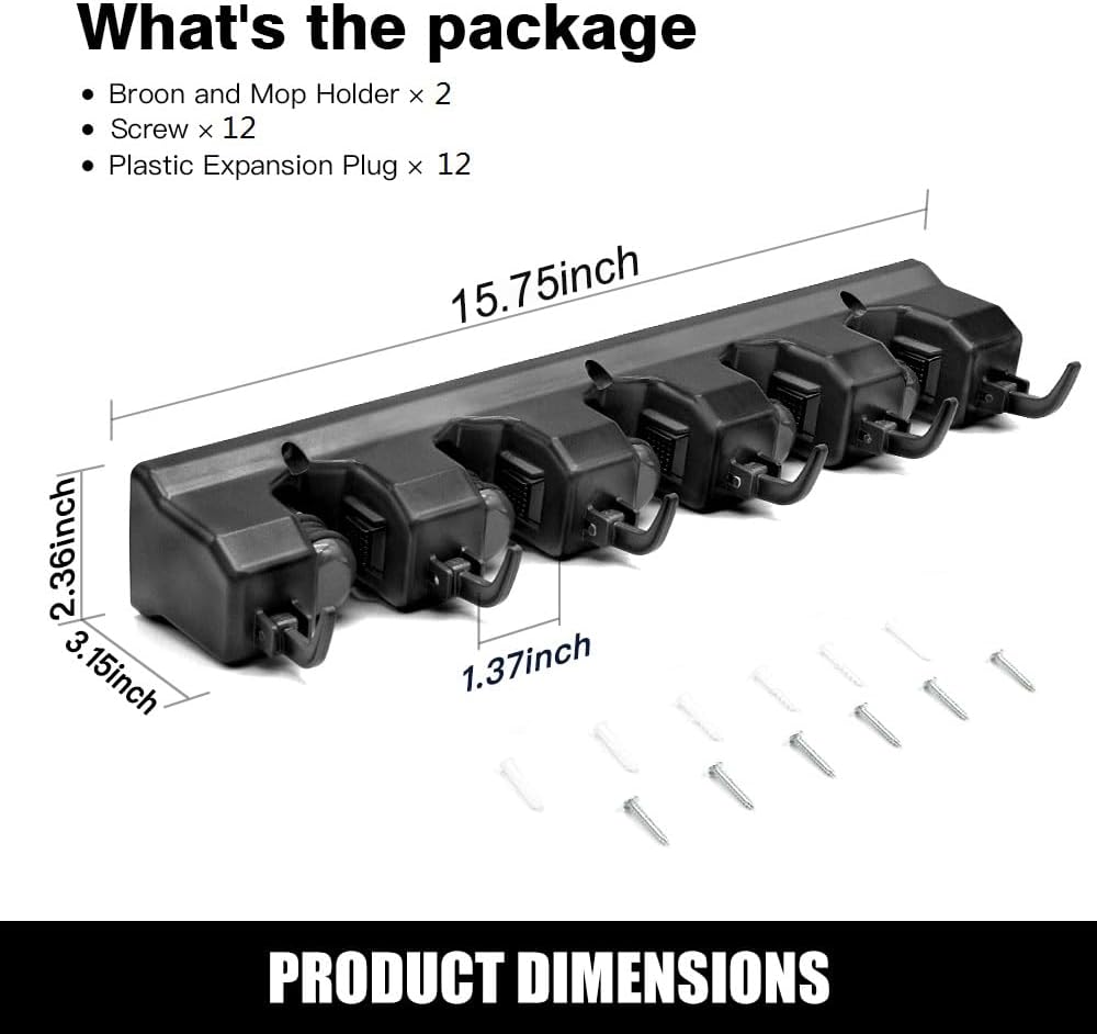 IMILLET 2 Pack Mop and Broom Holder, Wall Mounted Organizer Mop and Broom Storage Tool Rack with 5 Ball Slots and 6 Hooks (Black)