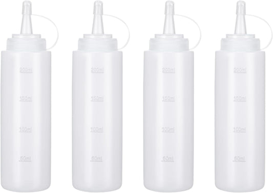 Condiment Squeeze Bottles Ketchup Dispenser, 4 Pack 8oz Squeeze Bottles for Liquids, Plastic Sauce Bottle with Cap Lid, Squirt Bottles for Sauces Liquids BBQ Dressing Pancake Art