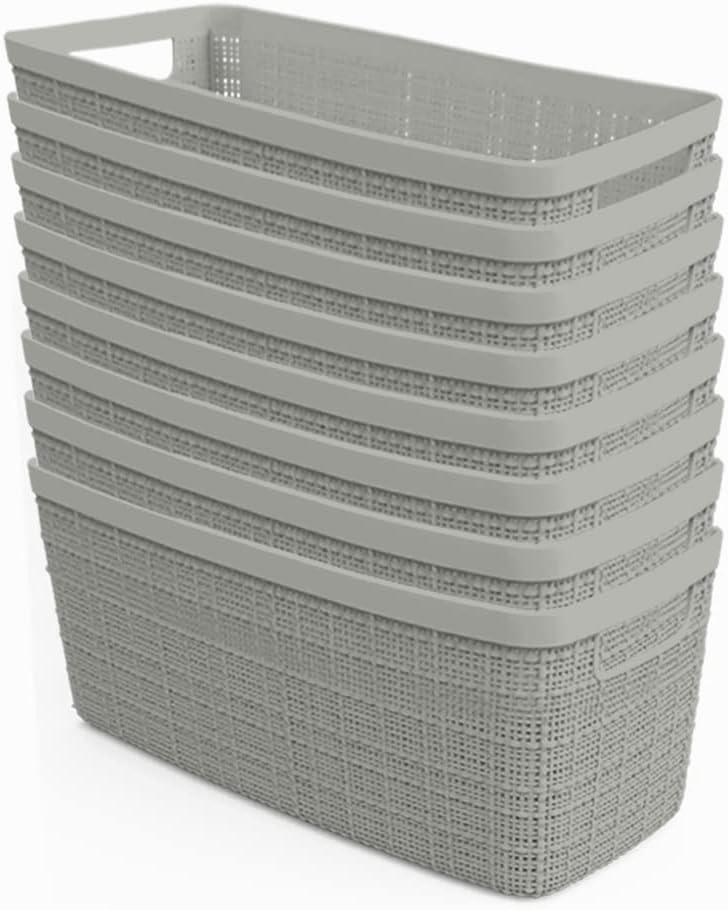 Curver Jute Decorative Plastic Organization and Storage Basket Perfect Bins for Home Office, Closet Shelves, Kitchen Pantry and All Bedroom Essentials, Set of 8 Grey