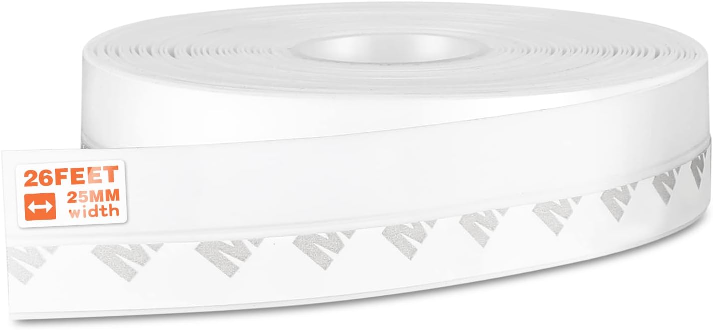 26 Feet Silicone Seal Strip, Weather Stripping Seal Tape for Door, Window & Shower Glass Gaps (White, 25MM)