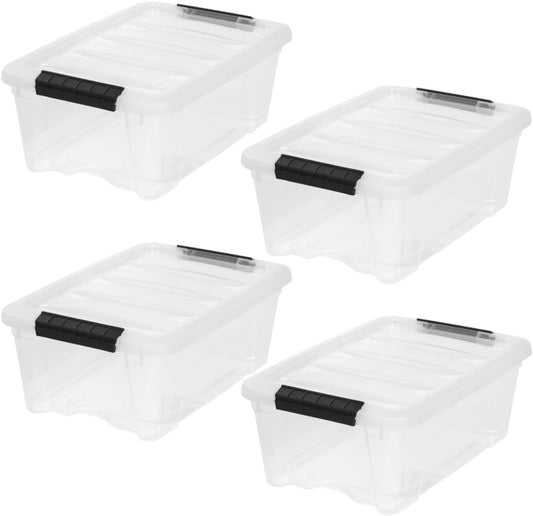 IRIS USA 4-Pack Storage Bins with Lids, 13 Quart, Made in USA Stackable See-Through Organizing Solution Latches Durable Nestable Containers Secure Pull Handle, BPA-Free Plastic