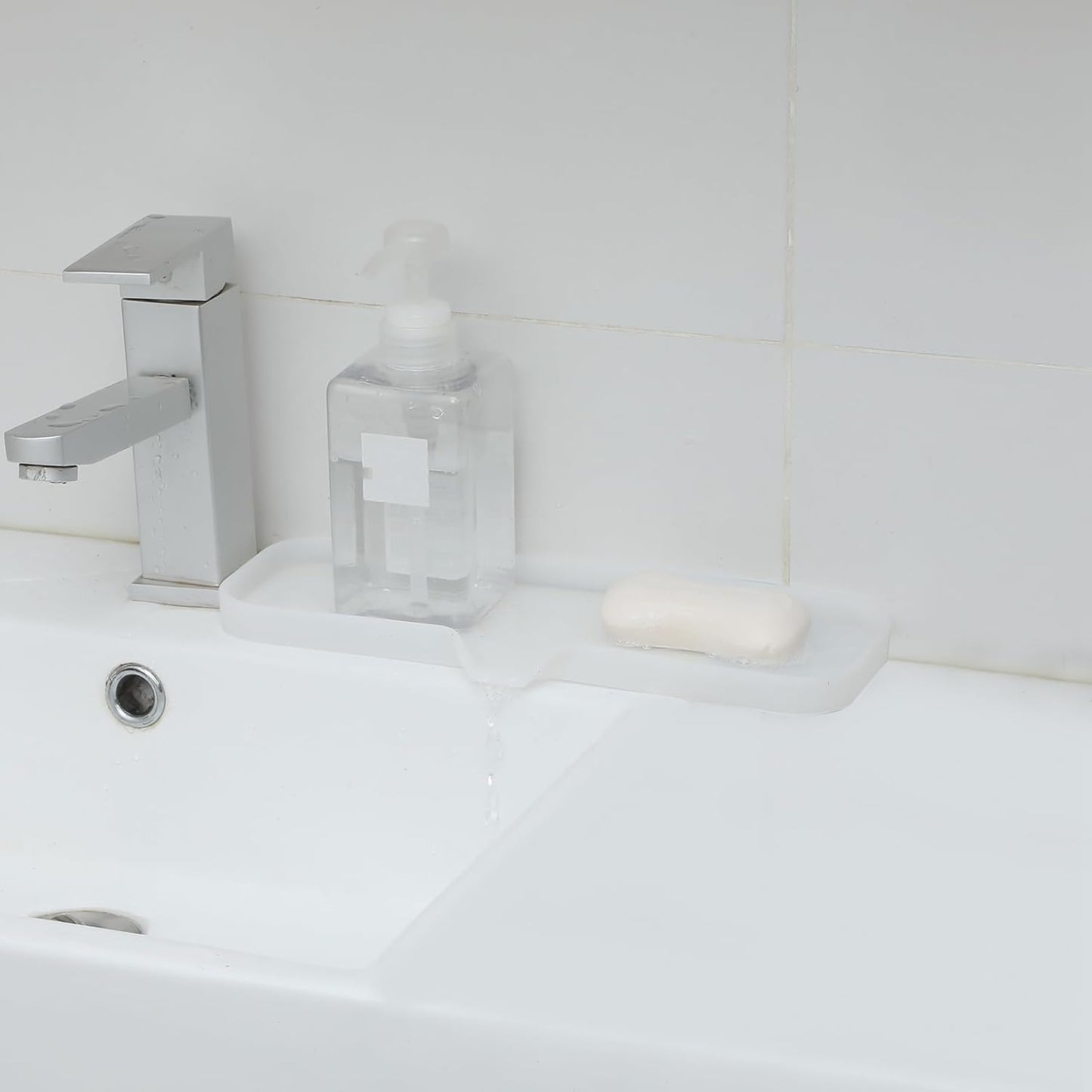 Silicone Bathroom Soap Dishes with Drain Spout-Bathroom and Kitchen Sink Organizer,Sponge Holder,Dish Soap Tray,Perfect for Dispenser,Scrubber,Bottle,Cup on Sink or Counter-Translucent 12"×4"