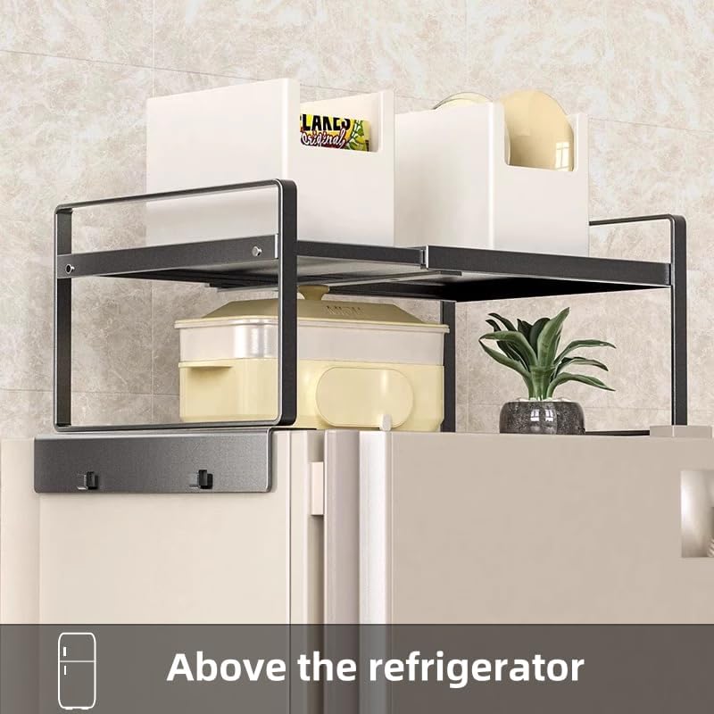 Adjustable Fridge Top Storage Rack,12.4"-23.62" Expandable Organizer Shelf,Refrigerator Storage, Anti-Slip,L-Shaped Design,Space Saver for Kitchen,Laundry,Dorm (Fits Most Appliances)