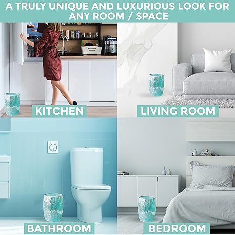 Escenzy Modern Bathroom Trash Can Mosaic Glass 5L | 7" x 10" | Decorative Small Garbage Can | Luxury Waste Basket for Restroom, Office, Bedroom & Kitchen | Shiny Turquoise Green Bathroom Accessories