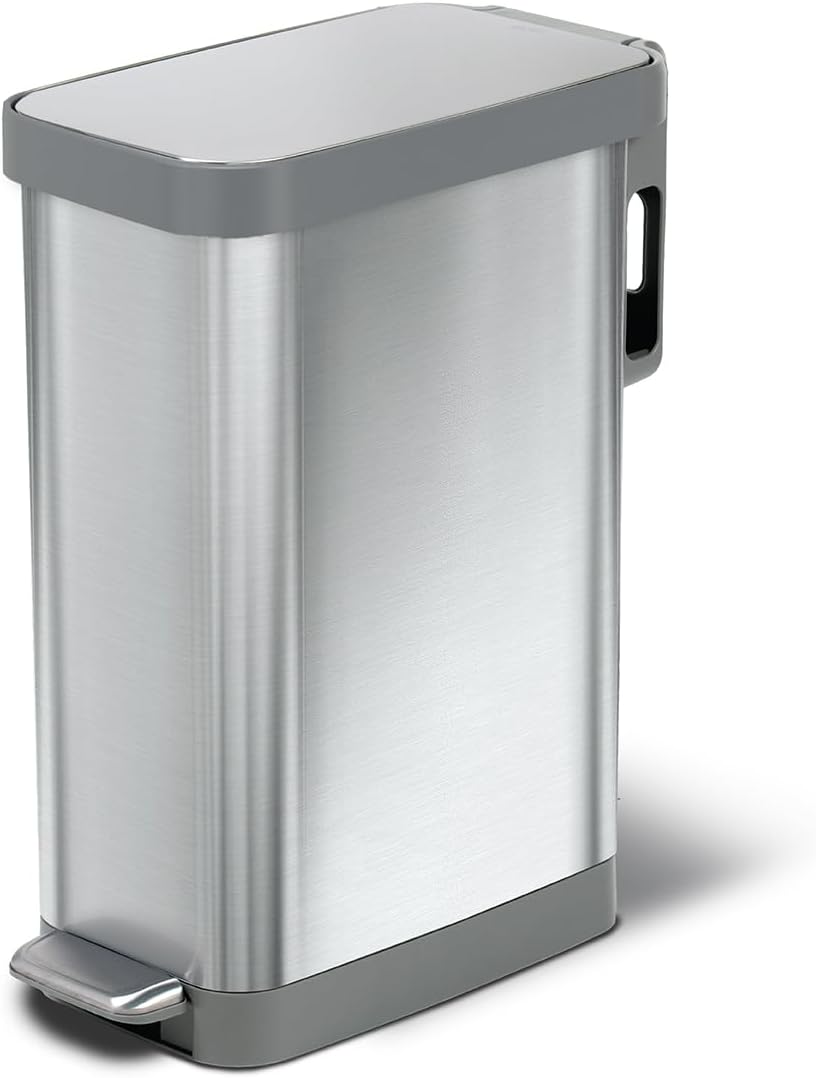 Glad Slim Trash Can with Clorox Odor Protection - Narrow Kitchen Garbage Bin with Soft Close Lid, Step On Foot Pedal and Waste Bag Roll Holder, All Stainless, 45 Liter