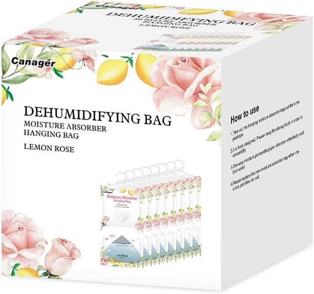 CANAGER Hanging Moisture Absorber, Lemon Rose Moistureproof Hanging Bag，Dehumidifier Bag (8 packs) Hanging Closet Dehumidifier Bags, Moisture Absorb 12.5 oz