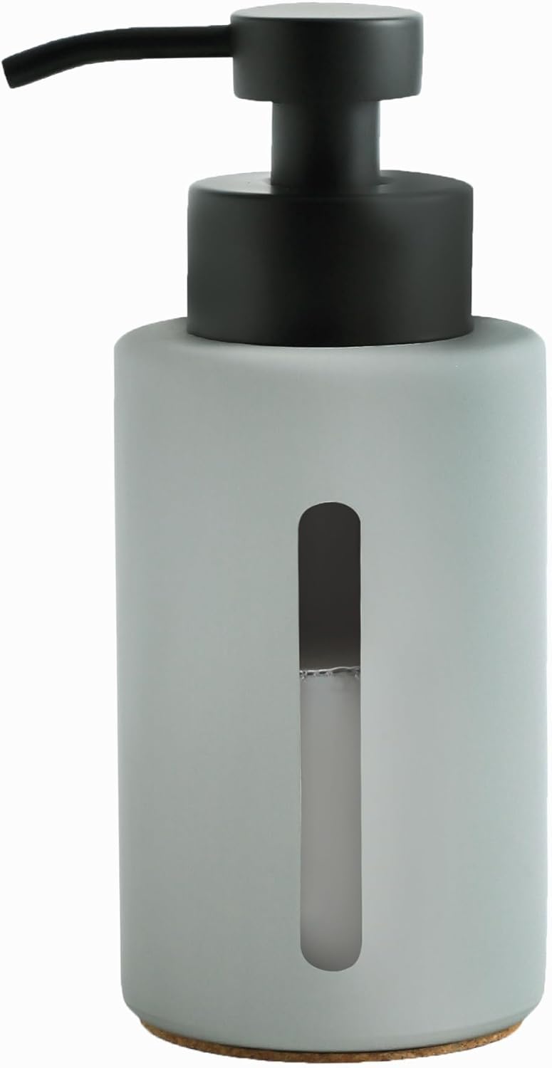 Enra Glass Dish Soap Dispenser with Window,12oz Light Gray Soap Dispenser with Stainless Steel Hand Lotion Pump,Refillable Bathroom Soap Dispenser for Bathroom Kitchen(Light Gray/Liquid Type)