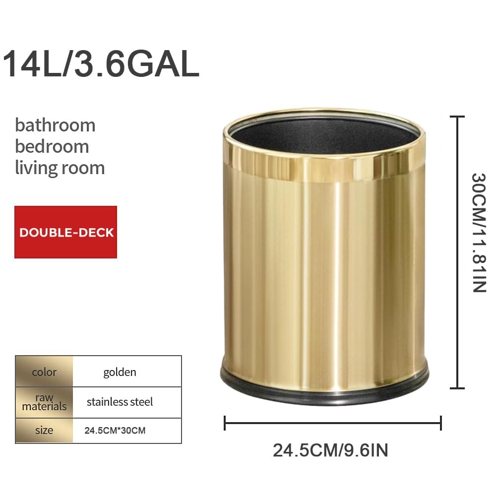 14L/2.6GAL，Gold Bathroom Trash can,Brushed Brass Garbage can,Small Gold Wastebasket for Bathroom,Office,Hotel,Restaurant(Gold14)