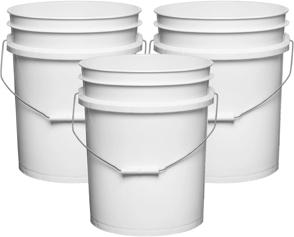 House Naturals 5 Gallon Premium HPDE Plastic Bucket - Made in USA Food Grade Storage Container, BPA Free All Purpose Pail (3, White)