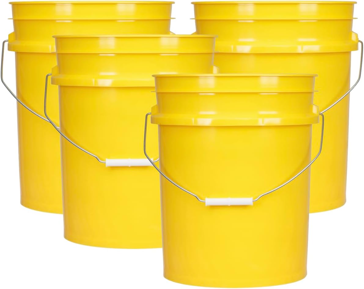 House Naturals 5 Gallon Premium HPDE Plastic Bucket - Made in USA Food Grade Storage Container, BPA Free All Purpose Pail (4, Yellow)