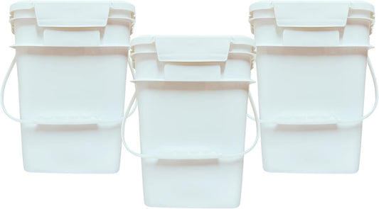 House Naturals 4 Gallon Square Food Grade Bucket Pail with Plastic Handles and Lid (Pack of 3) Made in USA containers (White)