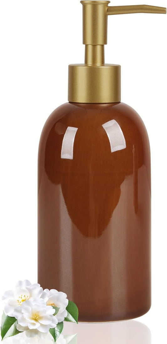 Natheeph 14OZ Ceramic Soap Dispenser Ceramic Soap Pump Dispenser Can Fill Liquid for Bathroom/Kitchen (Brown)