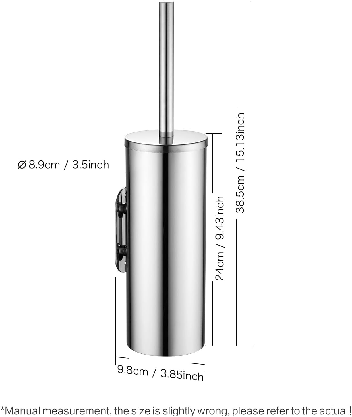 Toilet Brush and Brush Holder, Stainless Steel No-Punch Hook Base Dual Purpose Toilet Brush Holder with Removable Inner Bucket and Splash Cover - Soft Bristles (Chrome)