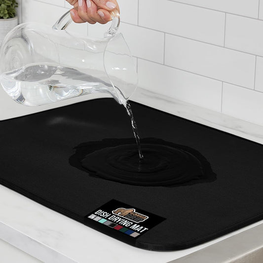 GORILLA GRIP Ultra Water Absorbent Microfiber Dish Drying Mat, 18x32, Quick Dry Thick Mesh, Slip Resistant Pad for Sink Dishes or Under Rack, Kitchen Counter Accessories, Machine Wash Mats, Black